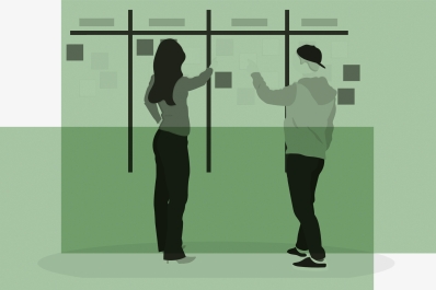 Graphic of two people putting sticky notes on a whiteboard